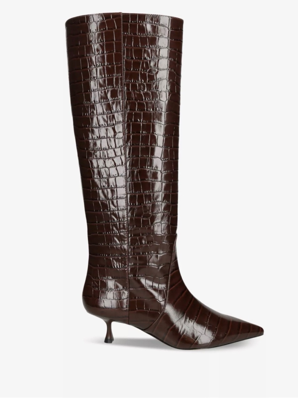 Stuart Weitzman Dark Brown Croc-Embossed Pointed Knee Boot